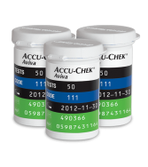 Three Accu-Chek Aviva Plus blood glucose test strip vials