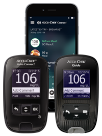 Accu-Chek Aviva Connect and Accu-Chek Guide meters with an iPhone showing the Accu-Chek Connect ap Accu-Chek Aviva Connect and Accu-Chek Guide meters with an iPhone showing the Accu-Chek Connect ap
