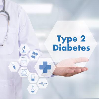 Hexagonal Diabetes Type 2 text hovering above a physician's open palm