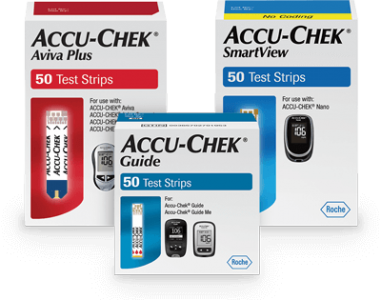 Accu-Chek Aviva Plus test strips, Accu-Chek Guide test strips, and Accu-Chek SmartView test strips
