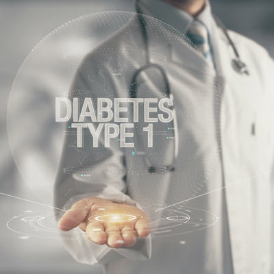 Futuristic Diabetes Type 1 text hovering above a physician's open palm Futuristic Diabetes Type 1 text hovering above a physician's open palm